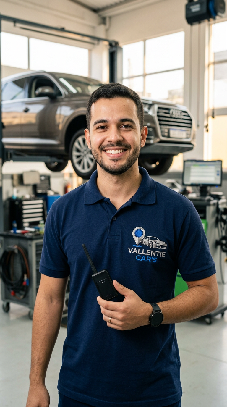 Técnico Vallentie Cars segurando um rastreador, vestindo camisa polo azul com a logo da empresa bordada no peito